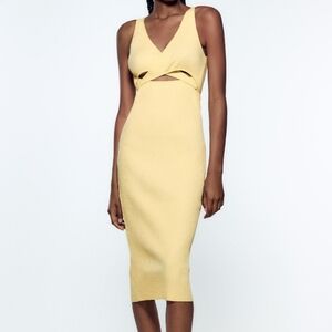 NEW Zara ribbed butter yellow cutout tie midi sleeveless‎ knit dress M